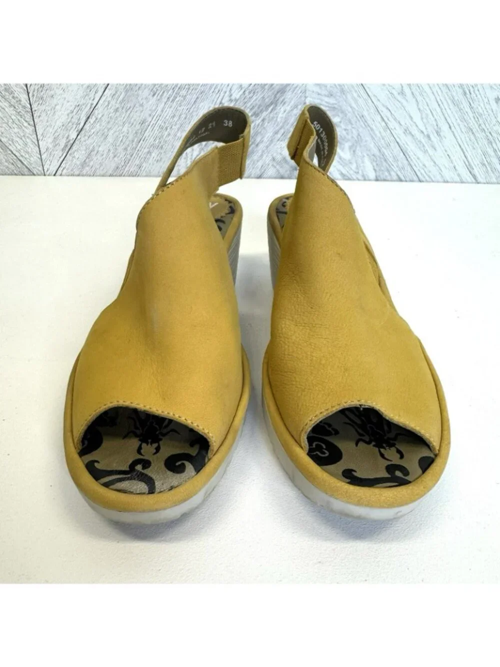 Fly London Leather Peep Toe Slingback Sandals Yellow Womens Size 38 (US 7.5)